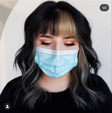 Different Styles Of Bangs With Short Hair, Hair Inspo Color With Bangs, Hair Color Idea With Bangs, Colored Fringe Bangs, Half And Half Hair Color With Bangs, Hair Dyed With Bangs, Bold Money Piece Hair With Bangs, Block Color Bangs, Bangs With Chunky Highlights