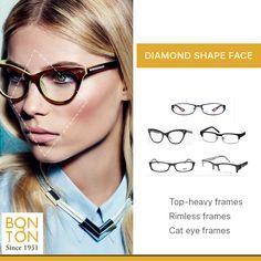 Frames For Diamond Face Shape, Diamond Face Glasses, Glasses For Diamond Face, Diamond Face Shape Glasses, Stylish Eyeglasses For Women, Warm Skin Tone Colors, Face Shape Chart, Diamond Face Hairstyle, Contouring Techniques