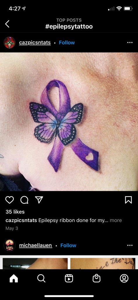 Eplipsey Tattoo, Epilpsey Tattoo, Eplipsey Tattoo Ideas, Epileptic Tattoo Ideas, Purple Ribbon Tattoos, 3d Butterfly Tattoo, Awareness Tattoo, Cool Wrist Tattoos, Ribbon Tattoos