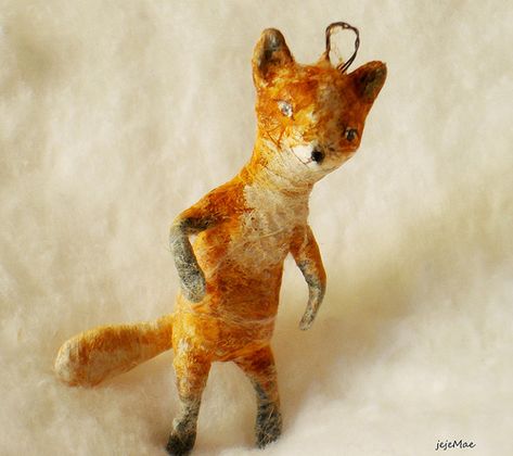 La Petite Fox spun cotton ornament by jejeMae | by jejemae Chenille Ornaments, Cotton Ornaments, Fox Ornaments, Cotton Art, Paper Mache Animals, Fox Doll, Crafty Christmas, Paper Mache Crafts, Feather Tree