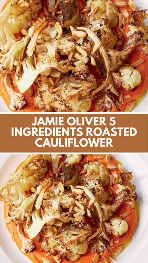 Jamie Oliver 5 Ingredients Roasted Cauliflower with Romesco Sauce is made with cauliflower, garlic, sourdough bread, blanched almonds, and roasted red peppers. This tasty Roasted Cauliflower recipe creates a tasty vegetarian dinner that takes about 50 minutes to prepare and can serve up to 4 people.

This Roasted Cauliflower Recipe Is From 5 Ingredients Mediterranean Cookbook by Jamie Oliver. Garlic Sourdough Bread, Garlic Sourdough, Jamie Oliver 5 Ingredients, Roasted Cauliflower Recipe, Mediterranean Cookbook, Romesco Sauce, Cauliflower Recipe, Jamie Oliver Recipes, 5 Ingredient Recipes