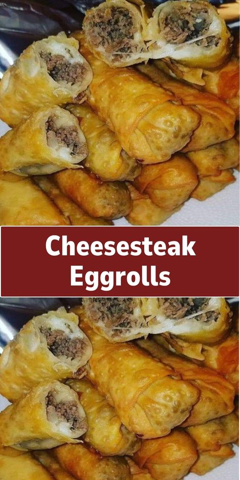 A fusion dish combining the flavors of a Philly cheesesteak inside a crispy eggroll wrapper. They're filled with thinly sliced steak, onions, peppers, and melted cheese. Cheesesteak Eggrolls, Philly Cheesesteak Egg Rolls, Sautéed Onions, Fusion Dishes, Tender Steak, Cheese Steak, Egg Roll Recipes, Philly Cheesesteak, Stuffed Banana Peppers