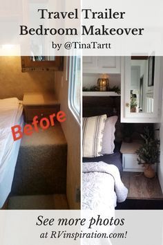 Rv Carpet Removal, Rv Bedding Ideas Travel Trailers, Trailer Bedroom, Travel Trailer Renovation, Diy Travel Trailer, Trailer Makeover, Rv Decorating, Trailer Renovation, Travel Trailer Living