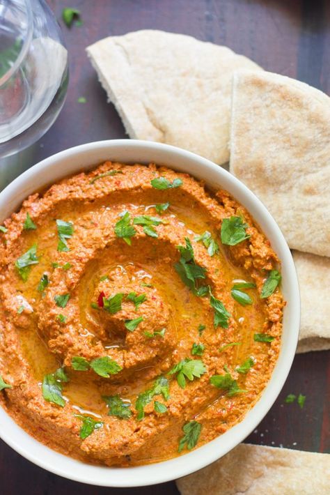 Muhammara (Roasted Red Pepper & Walnut Dip) Muhammara Dip, Muhammara Recipe, Walnut Dip, Baked Peppers, Roasted Red Pepper Dip, Red Pepper Dip, Pepper Dip, Stuffed Pepper Dip, Vegan Dip