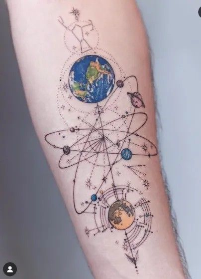 Solar System Tattoo Sleeve, Solar System Tattoo Minimalist, Tattoo Solar System, Cosmos Tattoo, Science Tattoo, Cosmic Tattoo, Science Tattoos, Dna Tattoo, Solar System Tattoo