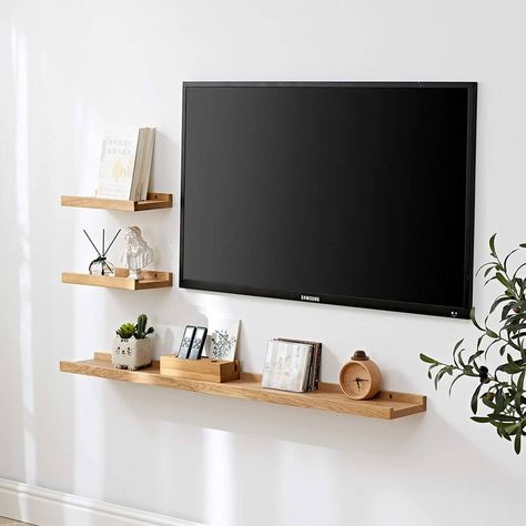 Tv Ledge Design, Tv Ledge, Shelf Under Tv On Wall, Tv Shelf Ideas, Timber Floating Shelves, Floating Shelves Tv Wall, Shelf Under Tv, Tv On Wall, Tv Wanddekor