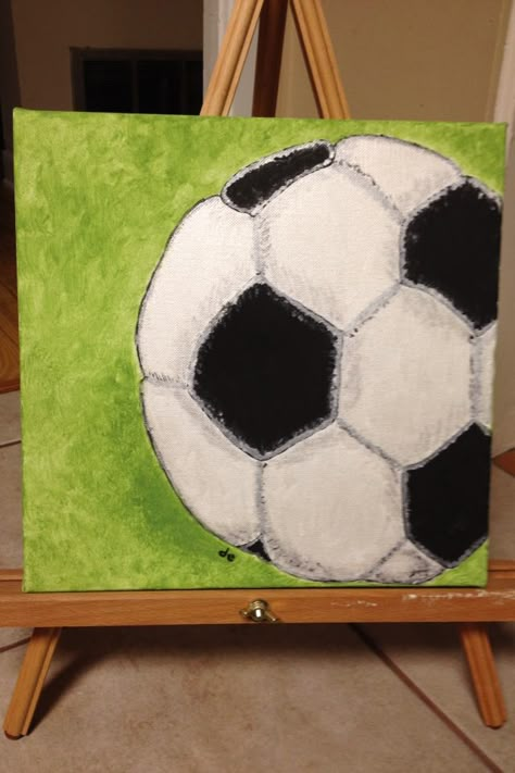 Soccer ball canvas painting. Www.fleurdeanie.com Soccer Ball Painting Easy, Soccer Paintings Easy, Soccer Painting Ideas, Soccer Canvas Painting, Soccer Ball Painting, Football Painting Ideas, Soccer Paintings, Canvas Painting Kids, Football Painting