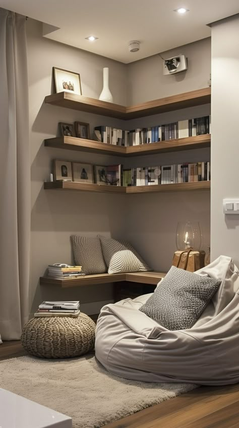 Small Living Room Ideas - Remodr Room With Mini Library, Sala Ideas Decor Small Living, Mini Living Room Decor, Mini Library In Living Room, Mini House Interior Design, Living Room And Library Combo, Living Room Niche Ideas Decor, Mini Library Room Ideas, Home Mini Library Ideas