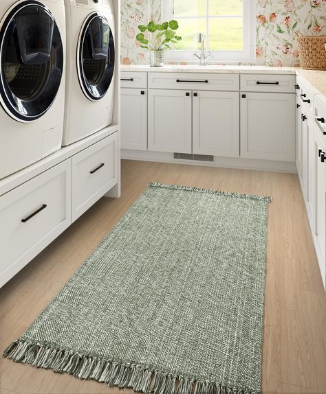 PRICES MAY VARY. Built to Last: Thanks to its polyester and cotton fiber, our hand-woven rug is fade-resistant and sturdy. A great option for high-traffic rooms with pets and kids. Due to hand-woven, there may be errors, the edges are not so straight. Machine Washable: As an easy-care rug, you have the flexibility for various cleaning methods. Machine wash on cold for a deep clean and hang dry. Use your vacuum without a beater bar on the lowest power setting. Braided Texture: Our hand-woven area Green Kitchen Rug, Modern Farmhouse Laundry Room, Green Kitchen Decor, Mudroom Laundry, Mudroom Laundry Room, Indoor Door Mat, Living Room Nursery, Farmhouse Laundry Room, Laundry Room Rugs