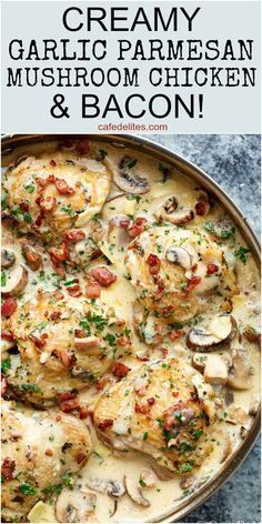 Creamy Garlic Parmesan Mushroom Chicken & Bacon is packed full of flavour for an easy, weeknight dinner the whole family will love! | http://cafedelites.com Sunday Dinner Ideas, Chicken Thighs Mushrooms, Baked Chicken Thighs, God Mat, Mushroom Chicken, Creamy Garlic, Sunday Dinner, Chicken Bacon, Garlic Parmesan