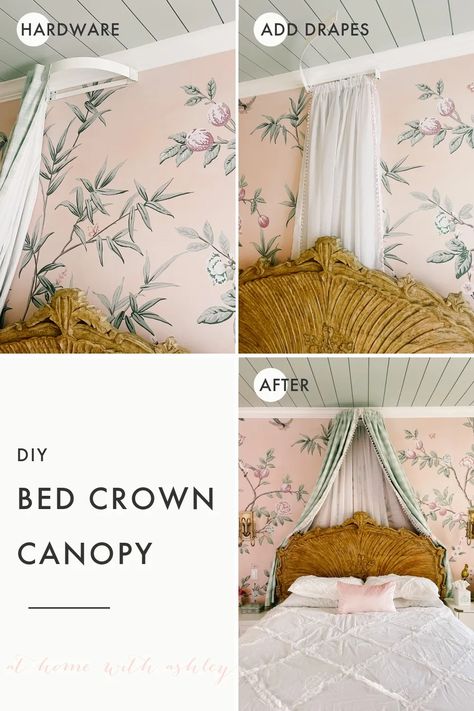 DIY bed crown- a small version of a canopy over a bed. A tutorial for how to make this bed decoration with a store bought curtain or drape. Also called a corona or wall teester. This is perfect for girls rooms, over a crib, a princess room, or if you want that grandmillenial victorian romantic look in your bedroom Diy Canopy Crown, Bed Drapery Ideas, Bed Cornice Canopy, Bed Coronas Ideas, Teester Bed Crown Ideas, Diy Crown Canopy Over Bed, Diy Tulle Bed Canopy, Diy Daybed Canopy, Easy Bed Canopy Diy