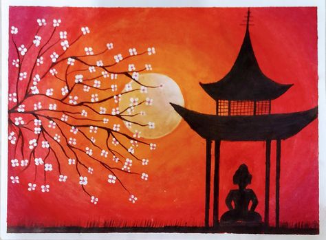 Easy Chinese Painting, Chinese Painting Easy, Chinese Temple Drawing, Chinese New Year Drawing, New Year's Drawings, Chinese Drawing, Temple Drawing, Holiday Homework, Soft Pastels Drawing