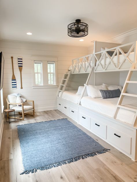 Cottage Bunk Room, Awesome Bunk Beds, Light Blue Boho Bedroom, Lake House Bunk Rooms, Beach House Bunk Room, Blue Boho Bedroom, Bunk Room Ideas, Bunk Bed Room, Bunk Bed Rooms