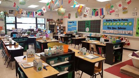 The desks are grouped in continents as part of the travel theme in my 4th grade classroom. Travel Classroom, Travel Theme Classroom, Art Classroom Decor, Classroom Culture, 5th Grade Classroom, Social Studies Classroom, Third Grade Classroom, History Classroom, 4th Grade Classroom