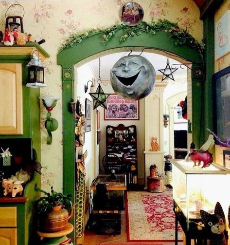 Obscure Interior Design, Home Decor Maximalism Vintage, Whimsigoth Architecture, Whimsigothic Maximalism, Avant Garde Apartment, Punk Kitchen Decor, Whimsigothic Furniture, Witchy Painted Furniture, Romantic Mexican Aesthetic