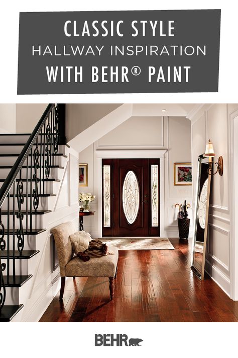 If you love classic interior design, then you’re sure to love this hallway inspiration from Behr Paint. To add this style to your own home, start with a new coat of Bleached Linen, Polar Bear, and Creamy Mushroom. Click below to learn more about these neutral shades of beige and white. Bleached Linen Behr, Behr Bleached Linen, Behr Neutral Paint Colors, Paint Colors Behr, Classic Hallway, Gray Striped Walls, Hallway Paint Colors, Hallway Paint, Stairs Renovation