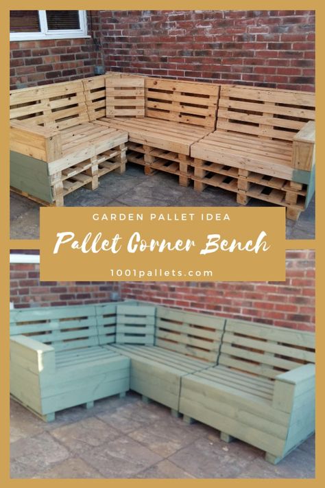 To build this corner bench for my garden terrace, I used 15 wood pallets that I assembled and painted. Now it only needs some cushions and voila!          #GardenSet, #PalletBenches, #RecyclingWoodPallets, #Terrace #LoungesGardenSets, #PalletBenches,PalletChairsStools Homemade Garden Furniture, Pallet Bench Outdoor, Ideas Terraza, Creative Backyard, Outdoor Pallet, Pallet Seating, Pallet Garden Furniture, Pallet Patio Furniture, Bar Outdoor