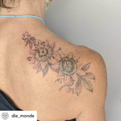 Passionflower Vine Tattoo, Passion Flower Vine Tattoo, Kids Birth Flower Tattoo, Passionflower Tattoo, Passion Flower Tattoo, Torso Tattoo Ideas, Passion Flower Vine, Top Of Shoulder Tattoo, Flower Vine Tattoos