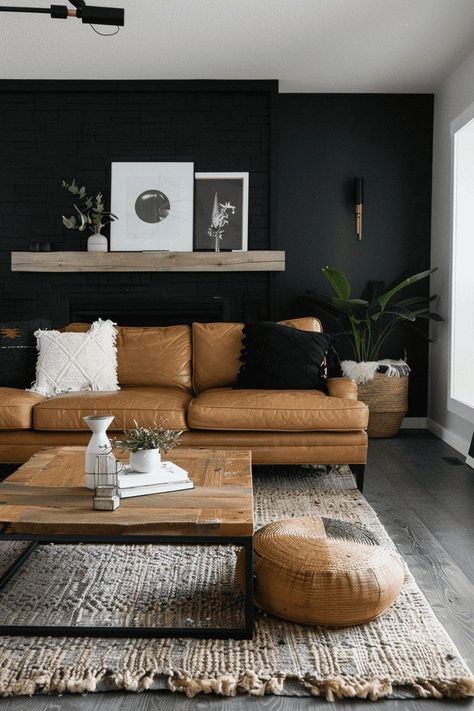 Black And White Earthy Living Room, Black White And Caramel Living Room, Mid Century Rustic Living Room, Black And Caramel Living Room, Black And Natural Wood Living Room, Brown And Black Living Room, Phoenix Apartment, Organic Living Room Decor, Modern Cabin Decor