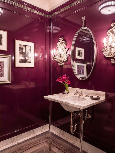 Lacquered Walls Bathroom, Burgundy Powder Room, Farmhouse Bathroom Floor, Bathroom Design Farmhouse, Bold Powder Room, Bathrooms Cabinets, Burgundy Bathroom, Peter Pennoyer, Katie Ridder