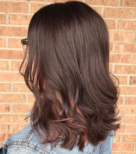 Chocolate Brown Hair With Subtle Highlights Peek A Boo Hair Color, Peek A Boo Hair, Coffee Brown Hair, Hair Lights, Peekaboo Hair Colors, Peekaboo Highlights, Peekaboo Hair, Chocolate Hair, Bright Red Hair