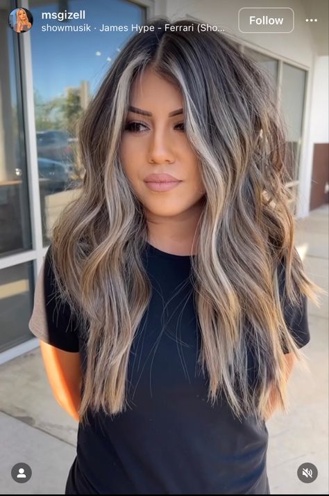 Hair Color Ideas For Brunettes Brown Eyes, Hair Inspo Color Baylage, Ashy Brown Peekaboo Hair, Mushroom Blonde On Dark Hair, Brown Hair Teasy Lights, Mushroom Brown Hair Color Money Piece, Vanilla Blonde Balayage On Dark Hair, Blonde Hair Color For Dark Skin, Brunette With Pops Of Blonde