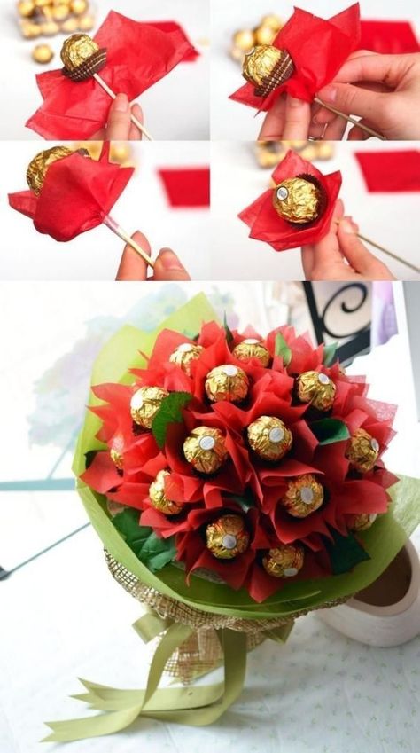 #presents #presentsforgirls #presentideas #gifts #valentinesdaypreset #photo #picture Creative Wreaths Diy Projects, Chocolate Flowers Bouquet, Chocolate Bouquet Diy, Candy Bouquet Diy, Valentine Gift Baskets, Candy Flowers, Sweet Bouquet, Gifts Wrapping Diy, Chocolate Flowers