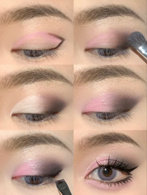 Smokey Pink Eyeshadow, My Melody Makeup Look, Colourful Eyeshadow Looks, Black And Pink Makeup, Black Pink Makeup, Eyeshadow Tutorial Step By Step, Ads Social Media, Membentuk Alis, Maquillage On Fleek