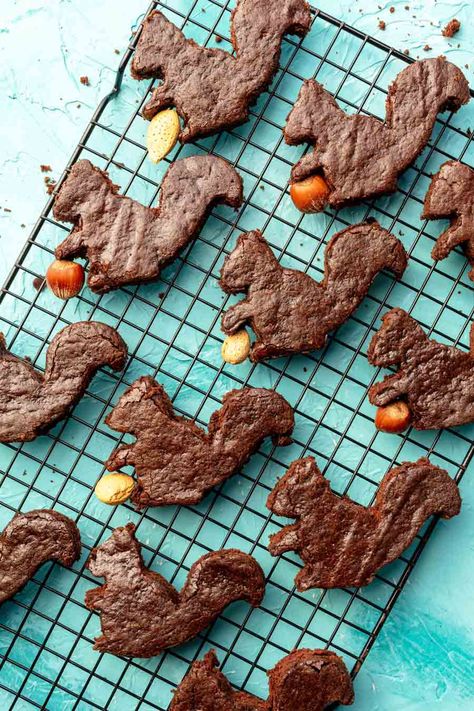 Vegan Squirrel Brownies are a super quick and easy dessert you can make on a whim that also happen to be cute af. They only take 15 min of prep time and then a few minutes to cut out the shapes once the brownie pan is cool. They're so versatile that you can cut on out any shape you like for any occasion. #cute #vegan #brownies #recipe #squirrel #chocolate #fun #easy Squirrel Party Food, Beef Heart, Christmas Vegan, Vegan Easter, Vegan Halloween, Vegan Brownies, Vegan Cookie, Vegan Baking Recipes, Vegan Cookies Recipes