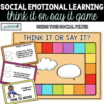 This social emotional learning product includes an engaging game that tackles using your social filter. The game also includes movement cards to keep kids engaged and energized. Should I keep this thought in my head, or can/should I say it out loud? Students read the scenario and determine the best way to handle it.INCLUDED: 1 social filter game board 1 card deck 8 "movement" cards (simple brain breaks to keep kids moving) 1 paper dice colored and black/white versions of everything!IMPORTANT FEA Social Emotional Learning Activities For Middle School, Games For Social Skills, Think It Or Say It, Social Emotional Learning Games, Paper Dice, Social Skills Games, Adolescent Therapy, Movement Cards, Social Emotional Learning Lessons