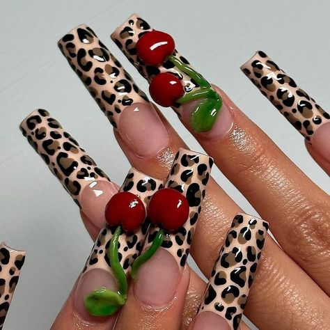 Cheetah print x Cherries 🐆🍒🖤 📸: @myprettyset Follow @thenailconnection for more nail inspo 💅🏽✨ #nails #naildesign #nailinspiration… | Instagram Cheetah Print Nails, Cheetah Nails, Leopard Print Nails, Cherry Nails, Dope Nail Designs, Print Nails, Leopard Nails, Unique Acrylic Nails, Nagel Inspo