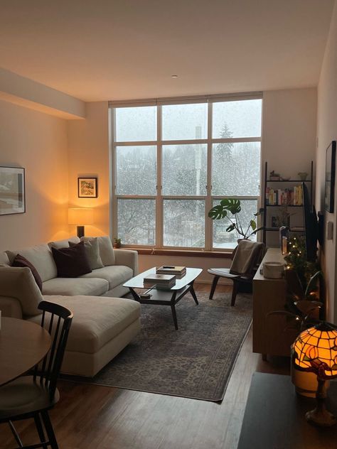 Apartment Living Room Big Windows, Tall Window Living Room, Open Layout Apartment Decor, Apartment Dark Wood Floors, Galley Kitchen Living Room Combo, Cozy Nyc Apartment Living Room, Nice Studio Apartment, Home Decor Gray Floors, Stockholm Style Apartment