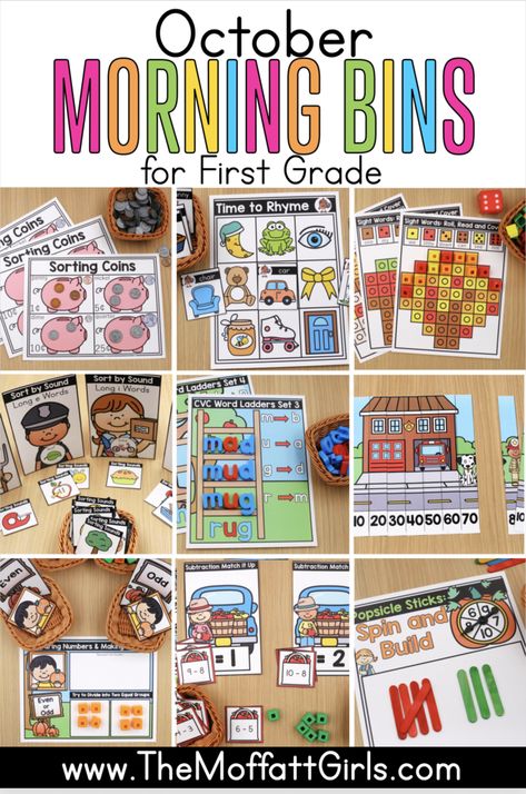 Morning Bins First Grade, Ela Stations, Morning Baskets, October First, Year 1 Classroom, Morning Bins, Table Activities, October Classroom, Snap Cubes