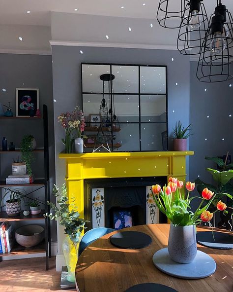 Mustard Yellow Fireplace, Colourful Fireplace, Mantelpiece Styling, Colourful Dining Room, Yellow Fireplace, Fancy Fireplace, Twickenham House, Hay Stacks, Lounge Makeover