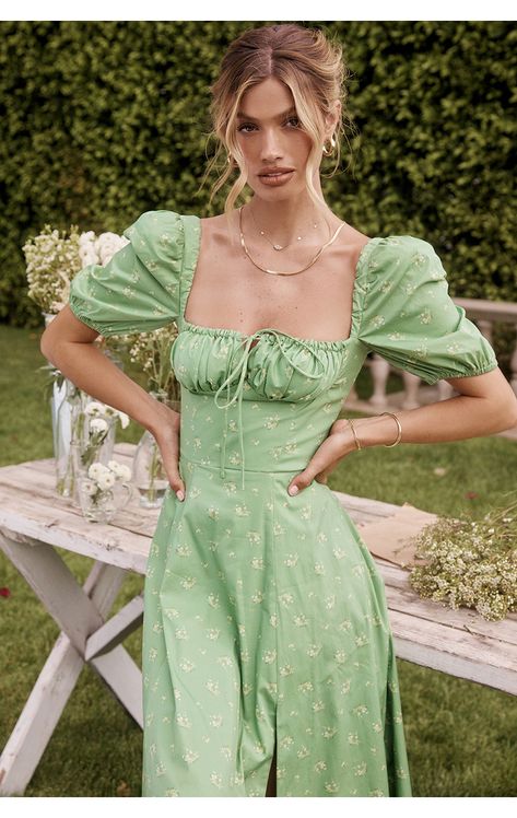 Clothing : Midi Dresses : 'Tallulah' Olive Floral Puff Sleeve Midi Dress Backless Long Dress, Boho Midi Dress, Green Dresses, Split Dress, House Of Cb, Long Summer Dresses, Maxi Wrap Dress, Glamorous Evening Gowns, Flowing Maxi Dress