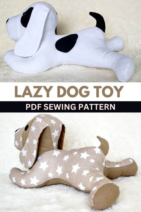 Lazy Dog Toy sewing pattern. The designer describes her Lazy Dog Toy as extremely cute and designed so they can easily be carried around in small hands. Besides making this super cute Lazy Dog you'll also make a bone toy for him that will not only act as a comforter for your baby boy or girl, but it will bring joy and smiles every day. SewModernKids Dog Stuffie Sewing Pattern, Puppy Sewing Projects, Stuffed Animal Dog Pattern, Sewing Patterns Free Toys, Free Craft Sewing Patterns, Quilted Stuffed Animal Patterns, Stuffed Animals From Old Clothes, Sewing Pattern For Stuffed Animals, Free Animal Patterns To Sew