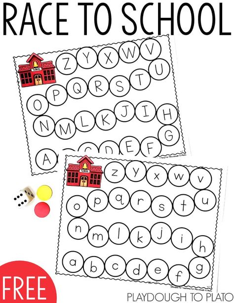 Race to School ABC Game! A fun hands-on literacy game for back to school! Great for alphabet review or working on letter recognition with preschool and kindergarten! Alphabet Games For Kindergarten, Letter Recognition Preschool, Letter Recognition Games, Alphabet Centers, Printable Alphabet Worksheets, Abc Games, Gratis Printables, Letter Games, Alphabet Games