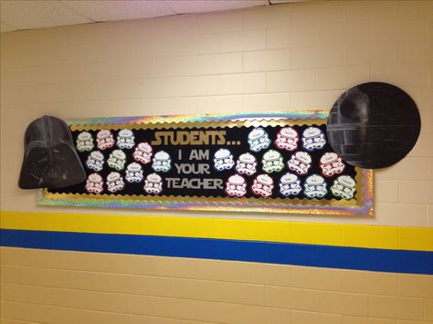 Star Wars Bulletin Board for Back to School Star Wars Bulletin Board, Star Wars Classroom Theme, Star Bulletin Boards, September Bulletin Boards, Space Theme Classroom, Star Wars Classroom, Space Classroom, Reading Month, Essentials Clothing