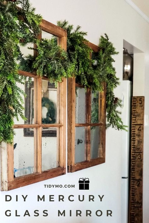 Mirrors On Kitchen Wall, Faux Window Frame Diy, Window Mirror Decor Ideas, Window Pane Mirror Ideas Wall Decor, Mirror Across From Window, Mirror That Looks Like Window, Antique Window Mirror, Diy Windowpane Mirror, Diy Panel Mirror