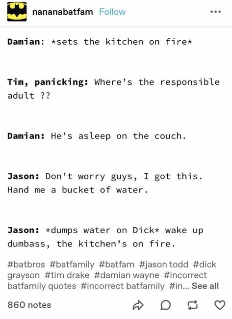 Bat Family Fanart Funny, Batman Incorrect Quotes, Jaydick Headcanon, Batfamily Funny Headcanons, Batfamily Incorrect Quotes, Nightwing Headcanon, Batfam Incorrect Quotes, Batfamily Memes, Funny Batfamily