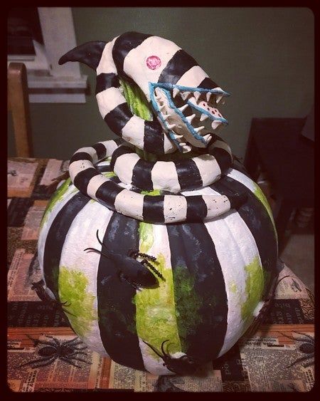 Pumpkin Carving Ideas For Competition, Beetle Juice Pumpkin Decorating, Beatle Juice Pumpkin, Beetle Juice Pumpkin Painting Ideas, Pumpkin Decorating Competition, Beetle Juice Painted Pumpkin, Creepy Painted Pumpkins, Pumpink Decoration Ideas, Beetlejuice Pumpkin Decorating