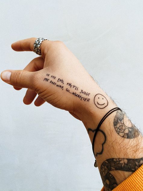 jc caylen’s hand tattoos Jc Caylen Tattoo, Text Tattoo Arm, Through Tattoo, Word Tattoos On Arm, Female Lion Tattoo, Wörter Tattoos, Hand Tattoo Ideas, Side Hand Tattoos, Tato Lengan