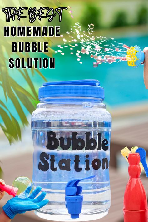 Homemade Bubbles For Bubble Machine, Diy Bubble Solution For Bubble Machine, Bubble Machine Solution, Easy Bubble Solution Recipe, Bubble Solution For Bubble Machine, Bubble Recipe Homemade, Birthday Party Bubble Station, Homemade Bubbles For Kids, Home Made Bubble Solution