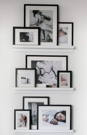 Above Bed Picture Ledge, Picture Shelf Layout, Double Picture Ledge, Small Picture Ledge Layout, Wall Collage Dining Room, Ikea Picture Ledge Bedroom, Floating Shelves Photo Gallery, Black And White Picture Frames On Shelf, Gallery Ledge Wall