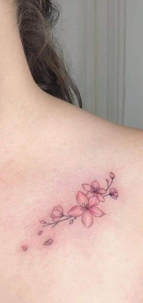 Cherry Blossom Tattoo Arm For Women, Minimal Cherry Blossom Tattoo, Simplistic Cherry Blossom Tattoo, Cherry Blossom Tattoo Collar Bone, Sakura Back Tattoo, Sakura Branch Tattoo Collarbone, Dainty Flower Tattoos, Delicate Flower Tattoo, Pretty Flower Tattoos