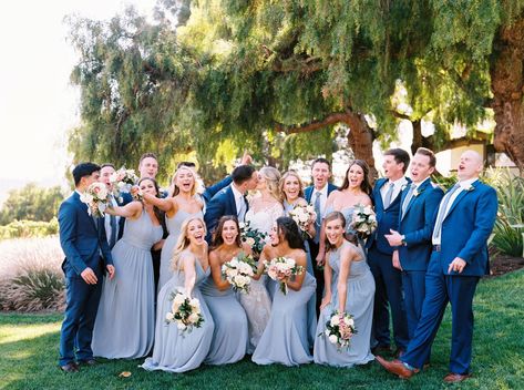 Something blue wedding party, dusty blue bridesmaid dresses + navy groomsmen tuxedos at Greengate Ranch & Vineyard in San Luis Obispo, California. Brought to life by Photographer- Jen Rodriguez, Florist- Anna Le Pley Taylor and Planner- Danae Grace Events. Light Blue Bridesmaid Dresses With Navy Suits, Navy And Carolina Blue Wedding, Dusty Blue Wedding Family Photo, Slate Blue And Navy Wedding, Dusty Blue Bridesmaid Dresses Navy Suits, Navy Groomsmen And Bridesmaids, Blue Groomsmen Suits And Bridesmaids, June Wedding Bridesmaid Dresses, All Navy Wedding Party