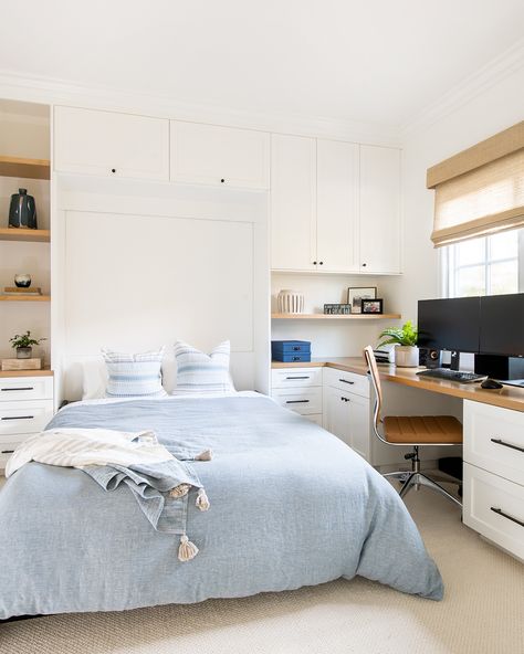 Many of us are still working from home. But space is at such a premium in the South Bay, sometimes rooms have to do double-duty. Need some ideas about how to create the perfect home office without sacrificing the guest room? We talk about this over on our blog. And, quick tip: We love custom-built murphy beds! 👉 For more follow @whitesandsdesignbuild 👉 Link in Bio Photographer: @laurenpressey Double Office Guest Room Combo, Built In Guest Bed, Office And Room Combo, Organic Modern Guest Room Office, Office And Murphy Bed, Basement Office With Murphy Bed, Basement Office And Guest Room, Home Office With Murphy Bed Built Ins, Murphy Bed Styling