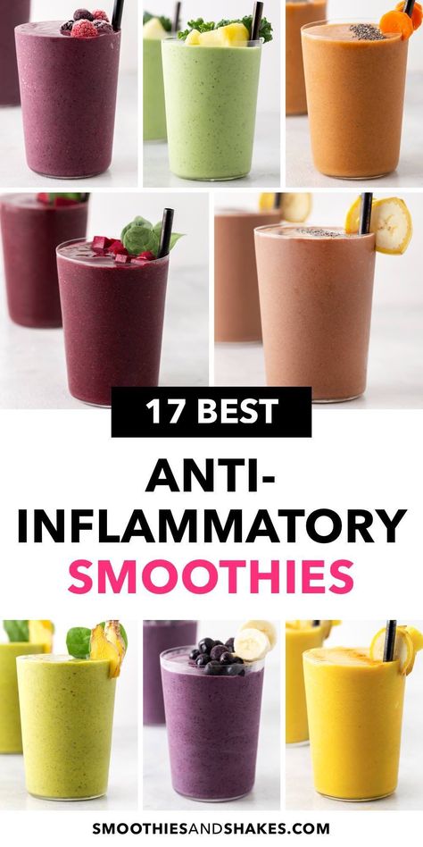 For a tasty way to reduce inflammation, try these healthy smoothie recipes. Each drink contains anti-inflammatory ingredients that are high in antioxidants, vitamins, fiber and healthy fats. #antiinflammatory #antiinflammatorysmoothies #healthysmoothies #antioxidants Anti Inflamatory Smoothie, Inflammatory Smoothies, Inflammation Smoothie, Inflammation Diet Recipes, Inflammation Foods, Anti Inflammation Recipes, Inflammation Diet, Healthy Smoothie Recipes, Anti Inflammation