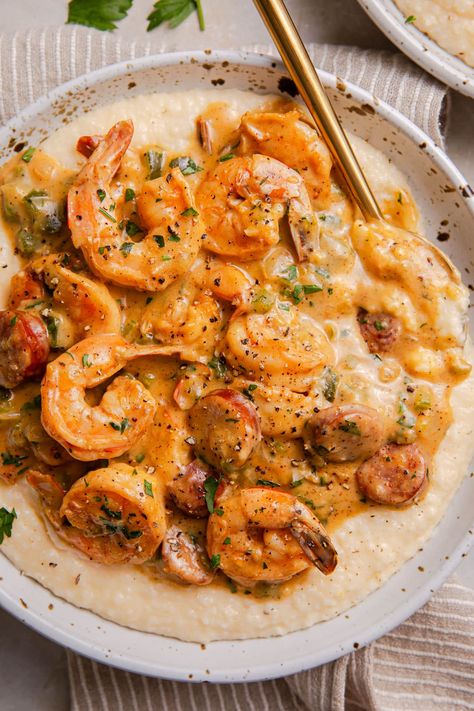 Shrimp And Grits Sausage, Shrimp And Grits Recipe With Sausage, Shrimp Sausage Grits, Shrimp And Grits With Corn, Pioneer Woman Shrimp And Grits, Crab And Grits Recipe, Shrimp N Grits Southern, Shrimp Snd Grits Recipe, Shrimp And Grits With Sausage