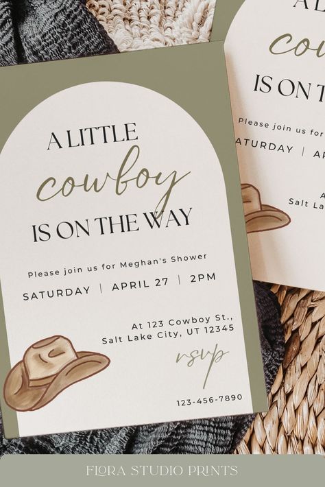 Cowboy Baby Shower Invitation | Editable Template | Edit in Canva | Instant Download Western Boy Baby Shower Ideas Cowboy Theme, Rustic Cowboy Baby Shower Ideas, A Little Cowboy Is On His Way Baby Shower Ideas, Cowboy Shower Ideas, Country Baby Shower Theme, A Cowboy Is On The Way, Cowboy Baby Shower Theme Centerpieces, Vintage Cowboy Baby Shower Ideas, Boho Western Baby Shower Ideas Boy